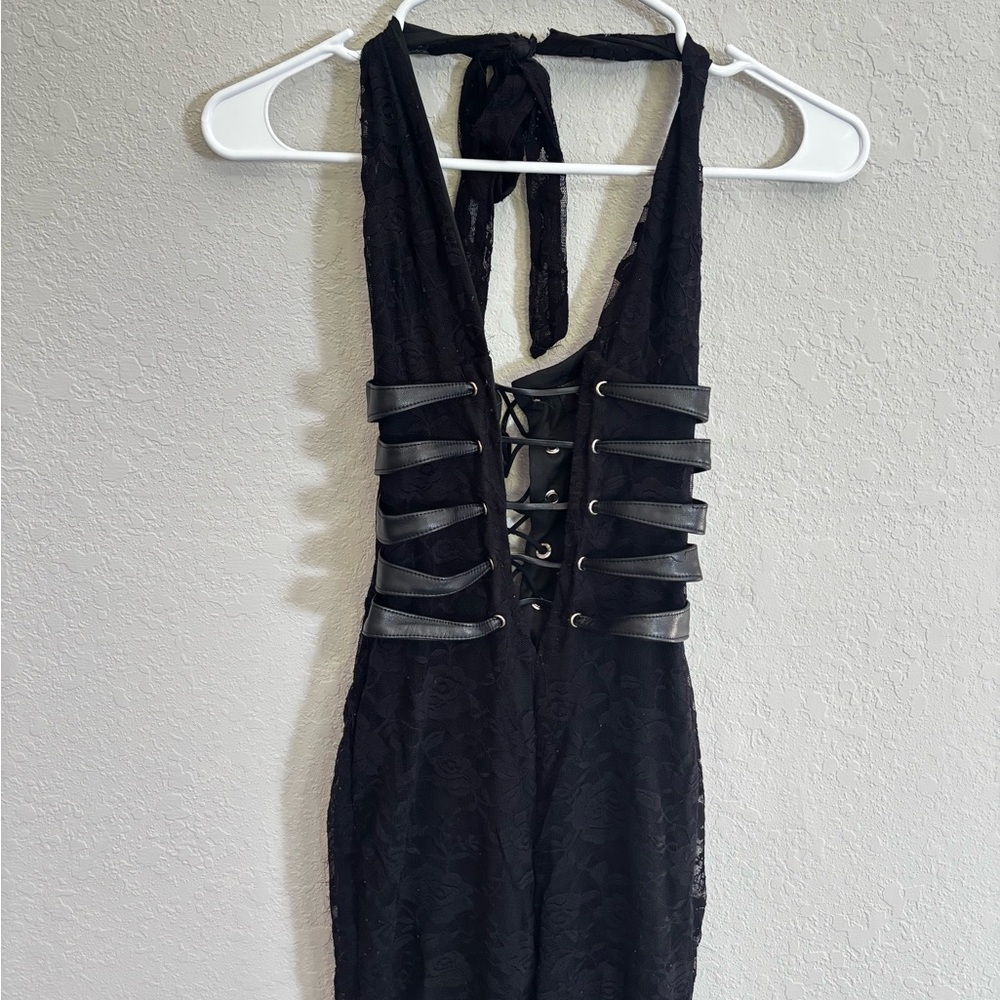 Black Halter Lace-Up Evening Jumpsuit - Picture 3 of 4